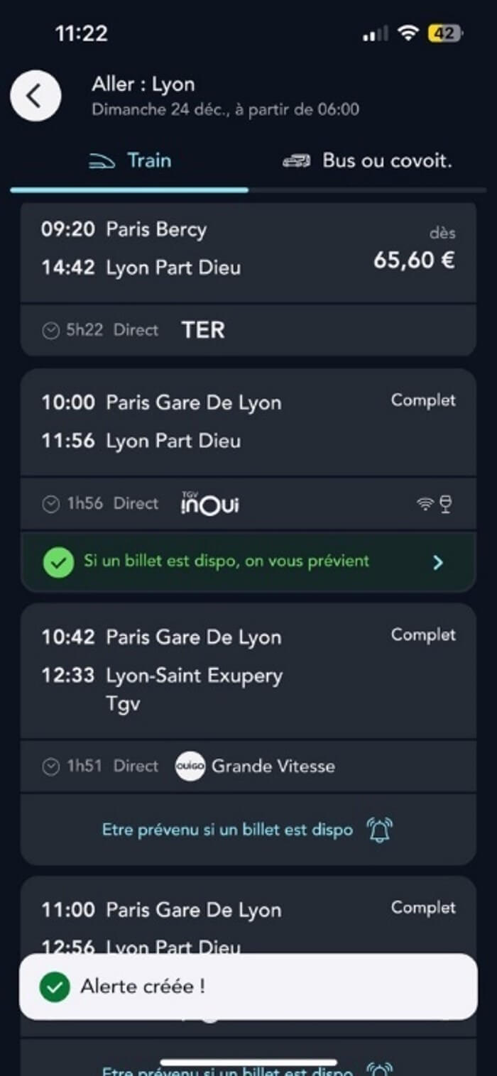 écran de la page des résultats de recherche de billet avec alerte train complet activée 
